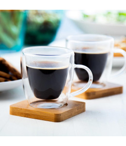 Stiklinių espresso puodelių rinkinys su bambukiniais padėkliukais Mocaboo