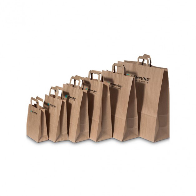 Popierinis maišelis su plokščiomis rankenomis, rudos / kraft spalvos