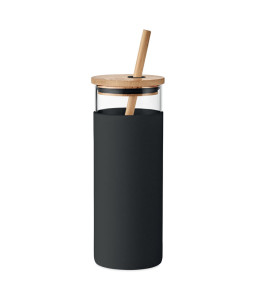STRASS stiklinis kelioninis puodelis 450ml su bambukiniu dangteliu ir šiaudeliu