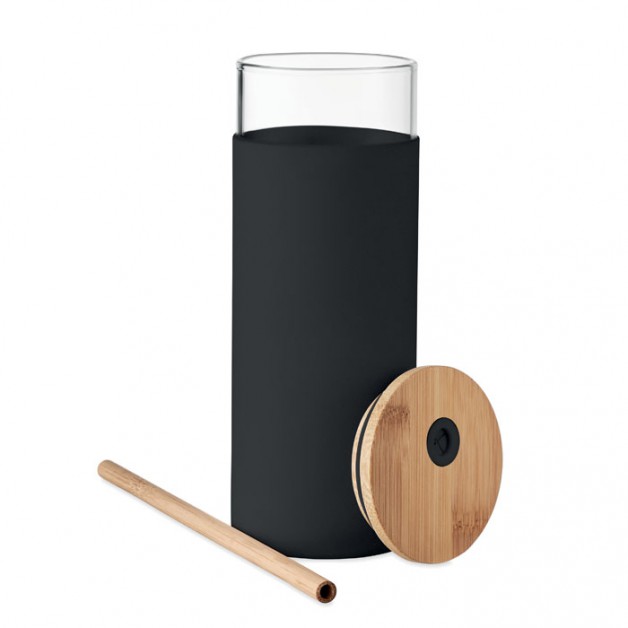 STRASS stiklinis kelioninis puodelis 450ml su bambukiniu dangteliu ir šiaudeliu