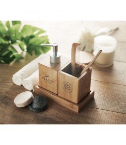 SUOMI bambukinis vonios rinkinys: skysto muilo indas, indas dantų šepetėliui ir padėklas