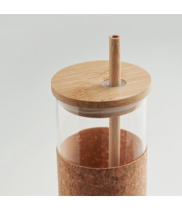 MOLUNGE stiklinis puodelis su kamštinės medžiagos įdėklu, bambukiniu dangteliu ir šiaudeliu 450 ml
