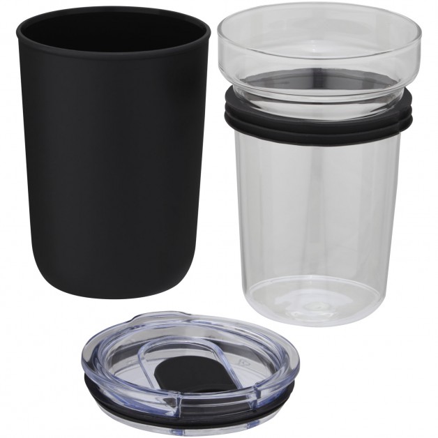 Bello 420 ml stiklinis kelioninis puodelis su perdirbto plastiko išorine sienele