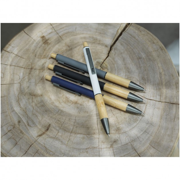 Perdirbto aliuminio tušinukas su bambukinėmis detalėmis, mėlynas rašalas