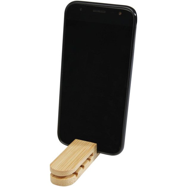 Edulis bambukinė laidų tvarkyklė ir stovas mobiliajam telefonui