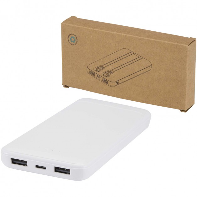 Adhil 10.000 mAh perdirbto plastiko išorinė baterija (power bank įkroviklis) su įmontuotais laidais, 10W