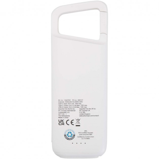 Alkes vandeniui atspari 5000 mAh perdirbto plastiko išorinė baterija (power bank įkroviklis), 12W