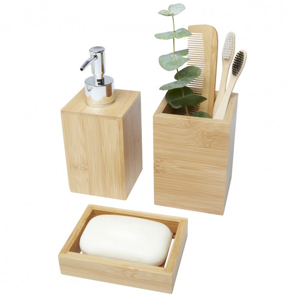 Hedon 3 dalių bambukinių vonios reikmenų rinkinys: indas dantų šepetukams, indas kietam muilui ir skysto muilo indas