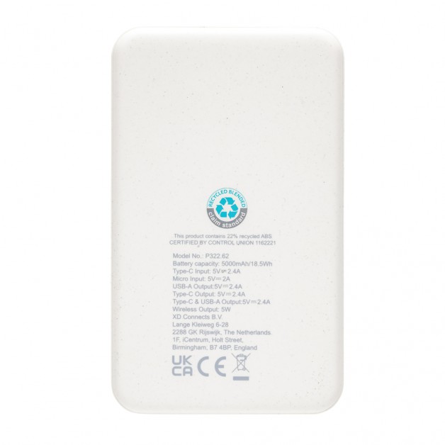 RCS 5000 mah perdirbto plastiko belaidė išorinė baterija (power bank įkroviklis), 5W