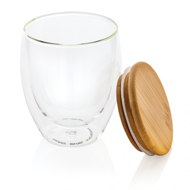 Dvisienis borosilikatinis puodelis su bambukiniu dangteliu 250ml