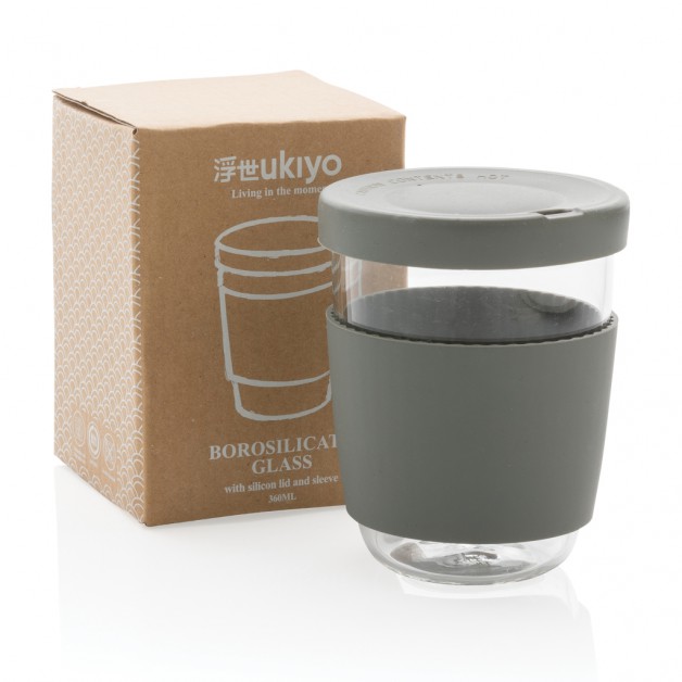 Ukiyo borosilikatinė stiklinė su silikoniniu dangteliu ir rankove, 360 ml