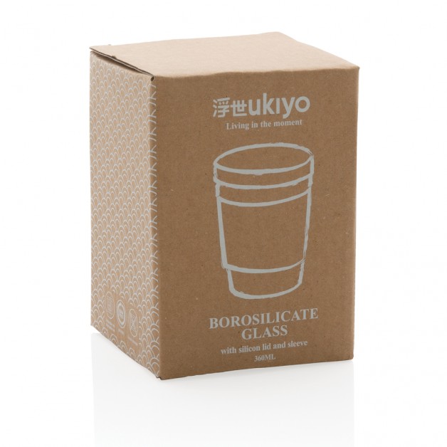 Ukiyo borosilikatinė stiklinė su silikoniniu dangteliu ir rankove, 360 ml