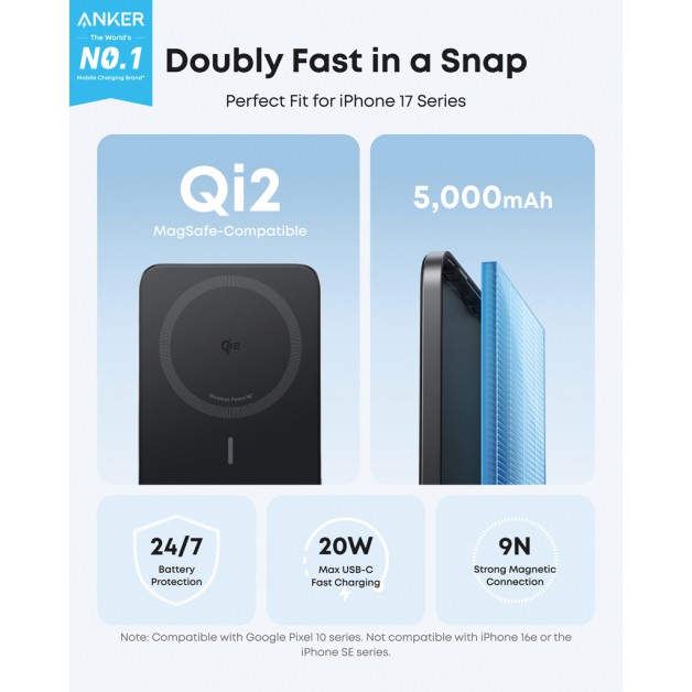 ANKER NANO 5000 mAh MagGo Qi 2.0 išorinė baterija (power bank įkroviklis), 15W