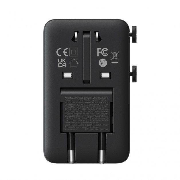 ANKER NANO TRAVEL 5in1 kelioninis adapteris, 20W ANKER NANO TRAVEL 5in1 kelioninis adapteris, 20W